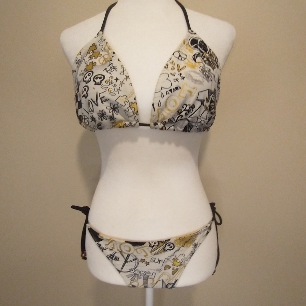 Vintage OP Graphic Bikini Set in Black, White, and Gold Metallic